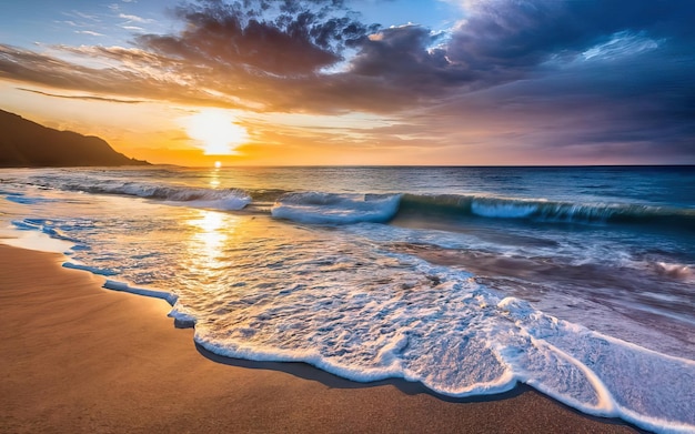 Foto de playa paradisíaca durante el día con puesta de sol.