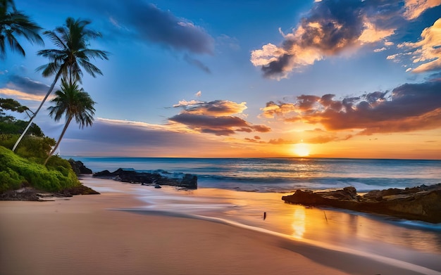 Foto de la playa del paraíso durante el día con la puesta de sol