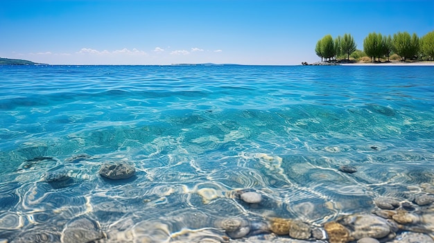 una foto de una playa con rocas y árboles en el agua