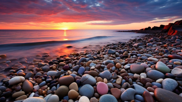 Una foto de una playa rocosa con una puesta de sol colorida naranjas cálidas y rosas