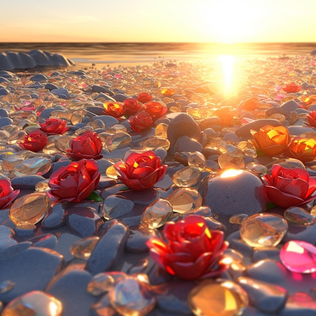 Una foto de una playa con rosas rojas