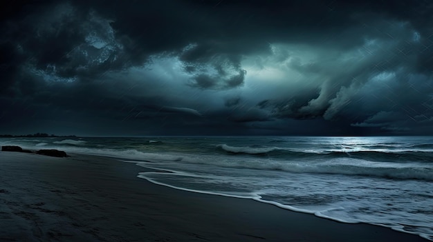 Una foto de una playa con una trompeta de agua en la distancia nubes tormentosas por encima