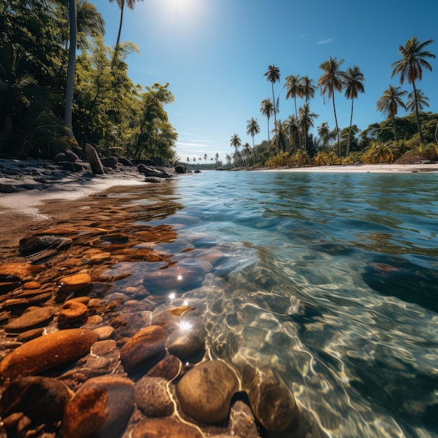 Foto de una playa tropical con palmeras IA generativa