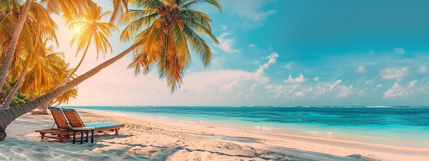 Foto de playa tropical con sillas y palmeras con puesta de sol por la noche