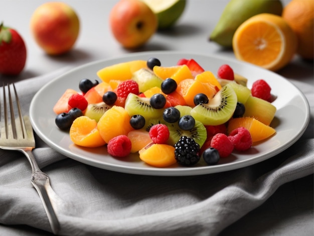 Foto png schwarzer Teller mit Obstsalat auf weißem Hintergrund