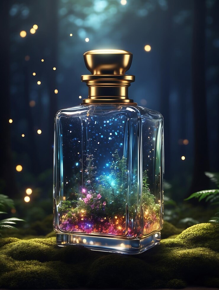Foto de poción azul mágica en un hermoso frasco decorado en el bosque mágico