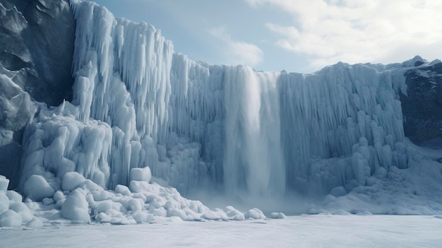 Una foto de una poderosa cascada rodeada de hielo en invierno.