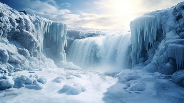 Una foto de una poderosa cascada rodeada de hielo en invierno.