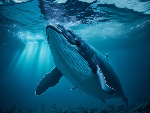 Una foto poderosa y evocadora que muestra a una majestuosa ballena nadando con gracia en el vasto océano