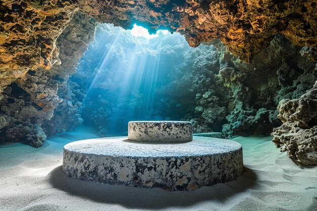 Foto de un podio de piedra en una cueva submarina