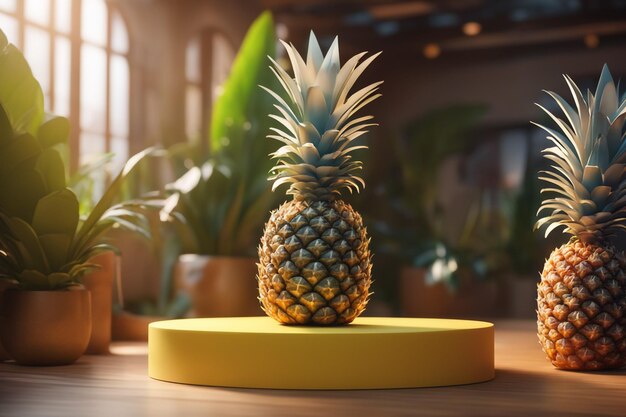 Foto foto-podium-mockup-hintergrund ananas im verschwommenen hintergrund für die präsentation von kosmetischen 3d-rende