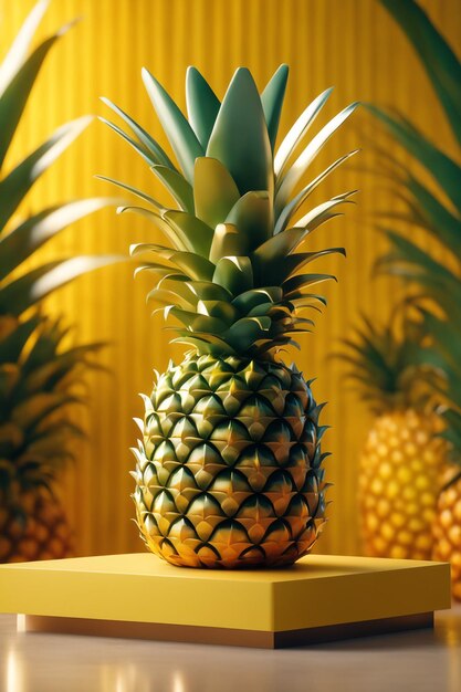 Foto-Podium-Mockup-Hintergrund Ananas im verschwommenen Hintergrund für die Präsentation von kosmetischen 3D-Rende