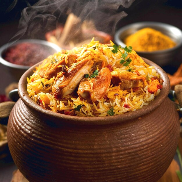 Foto foto del pollo biryani de dum handi