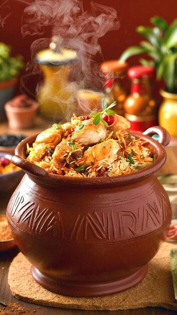 Foto foto del pollo biryani de dum handi