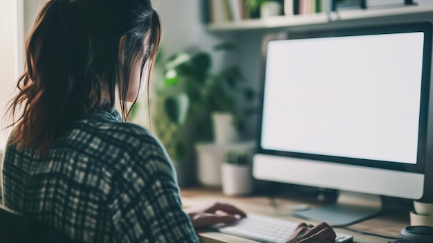 Foto por cima do ombro de uma jovem usando o computador em frente a uma tela de computador em branco em casa