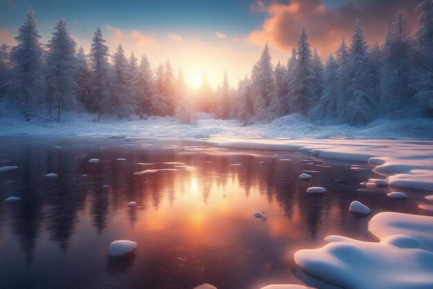 Foto foto pôr do sol da floresta de inverno e flocos de neve congelados pôr do sol no fundo do céu azul