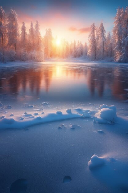 foto pôr do sol da floresta de inverno e flocos de neve congelados pôr do sol no fundo do céu azul