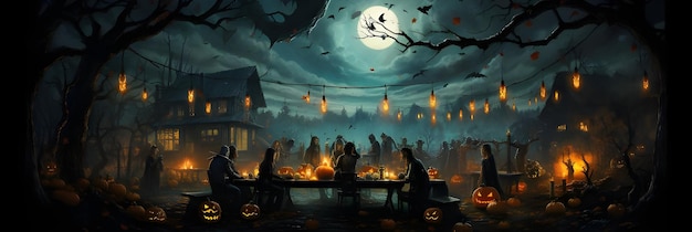 Foto de portada de ilustración de pancarta de calabaza espeluznante de la noche de Halloween para redes sociales y sitio web