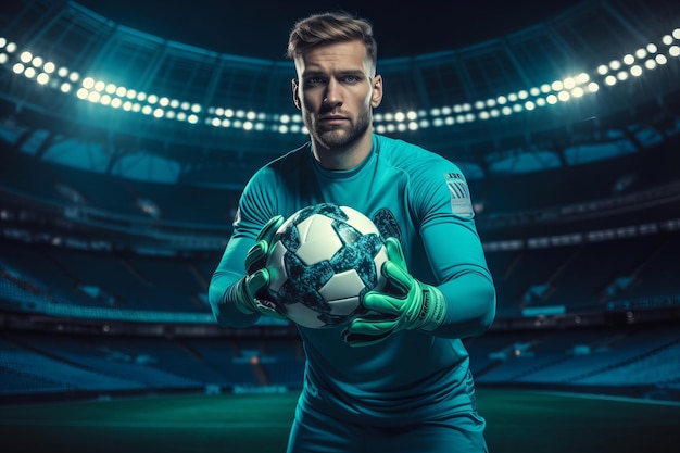 Foto de un portero masculino posando mientras sostiene una pelota en un estadio