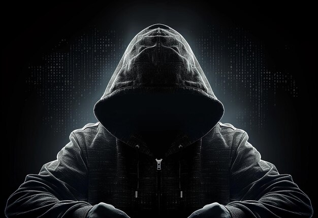 Foto-Porträt eines Hacker-Hintergrunds mit Handschuhen und Laptop
