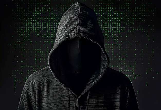 Foto-Porträt eines Hacker-Hintergrunds mit Handschuhen und Laptop