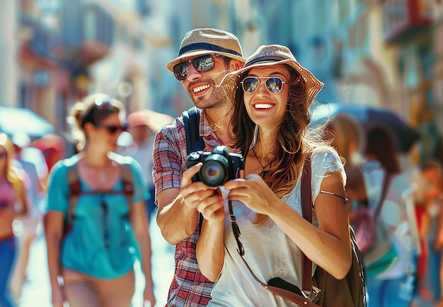 Foto foto-porträt eines jungen schönen reisepaar ehemann und frau lächeln, nehmen ein selfie