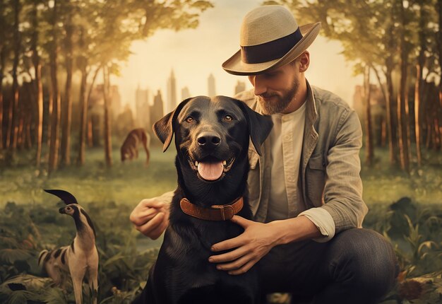 Foto Porträt eines lächelnden Mannes mit seinem Hund im Naturpark