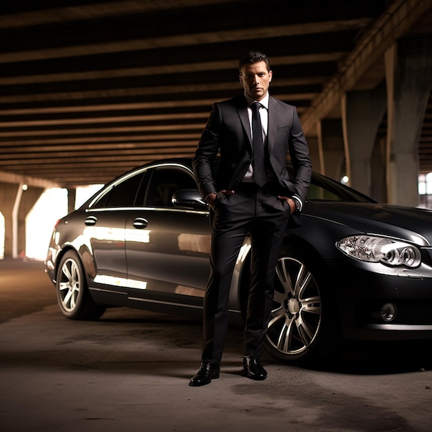 Foto Porträt eines Luxusautos mit einem hübschen, stilvollen Geschäftsmann
