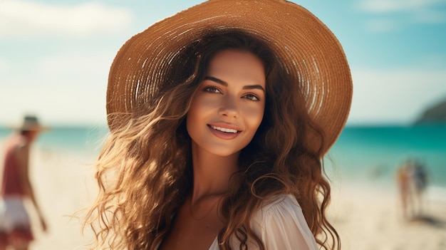 Foto Porträt schöne junge Frau glücklich und lächeln am Strand Meer generiert von KI