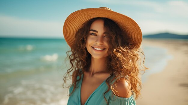 Foto Porträt schöne junge Frau glücklich und lächeln am Strand Meer