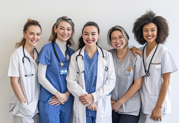 Foto-Porträtgruppe junger Ärzte in medizinischen Uniformen im Krankenhausbüro