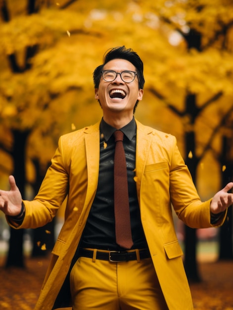 Foto de pose dinámica emocional hombre asiático en otoño