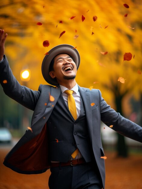 foto de pose dinámica emocional hombre asiático en otoño