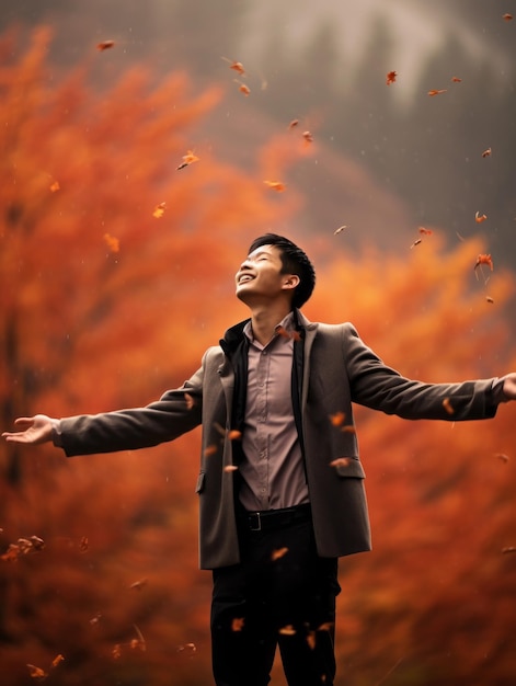 foto de pose dinámica emocional hombre asiático en otoño