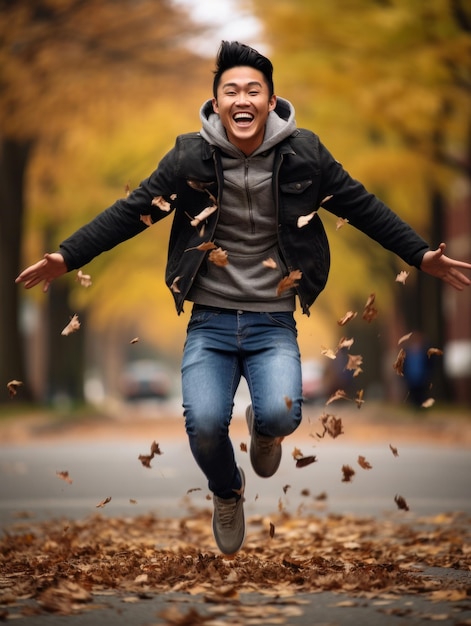 foto de pose dinámica emocional hombre asiático en otoño