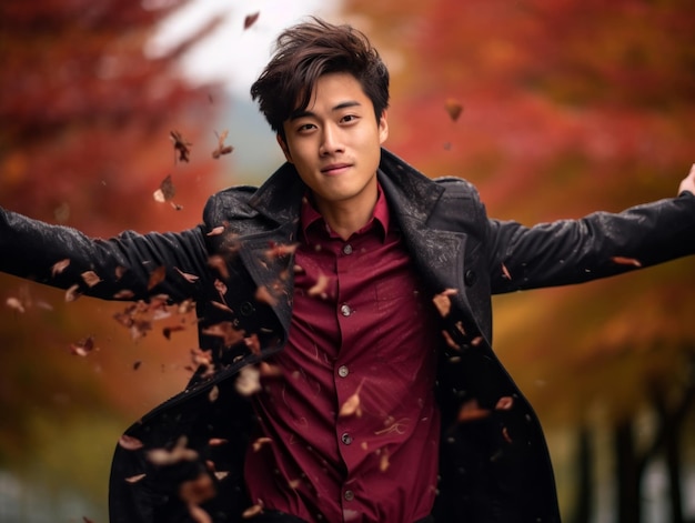 foto de pose dinámica emocional hombre asiático en otoño