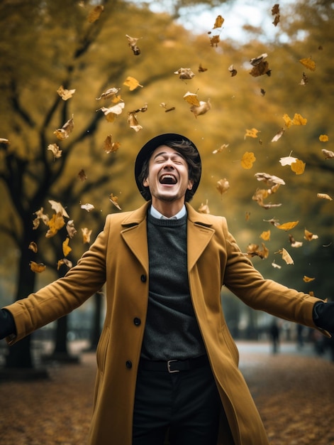 foto de pose dinámica emocional hombre asiático en otoño