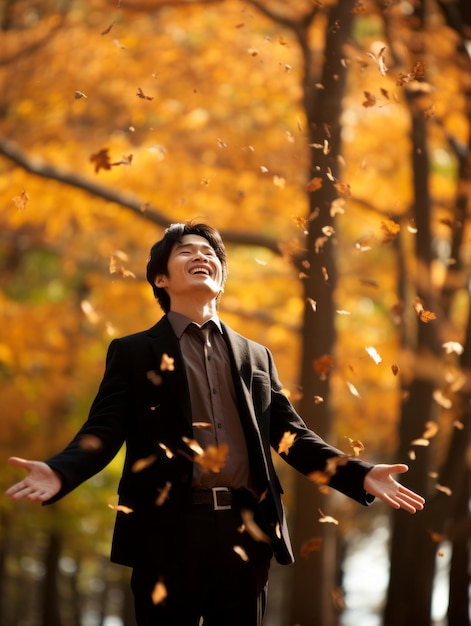 foto de pose dinámica emocional hombre asiático en otoño