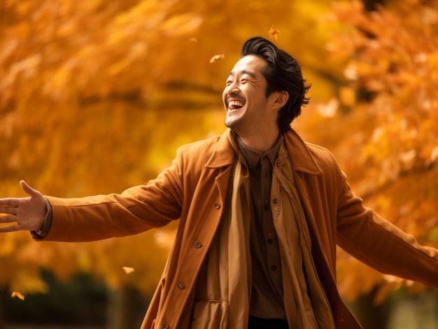 foto de pose dinámica emocional hombre asiático en otoño