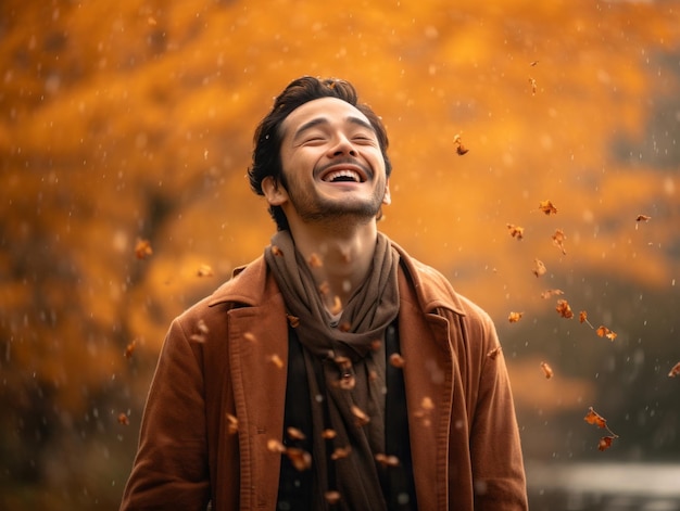 foto de pose dinámica emocional hombre asiático en otoño