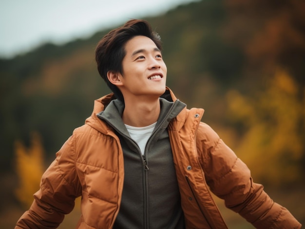 foto de pose dinámica emocional hombre asiático en otoño