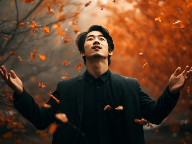 foto de pose dinámica emocional hombre asiático en otoño