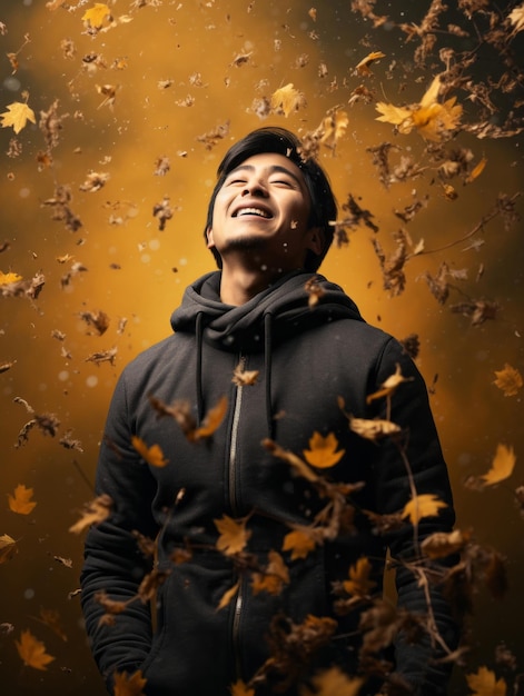 foto de pose dinámica emocional hombre asiático en otoño