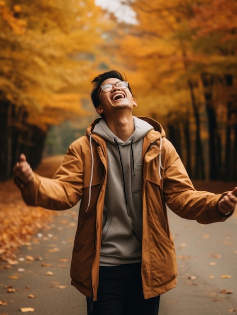 foto de pose dinámica emocional hombre asiático en otoño