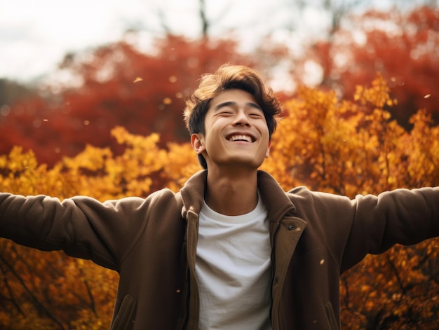 foto de pose dinámica emocional hombre asiático en otoño