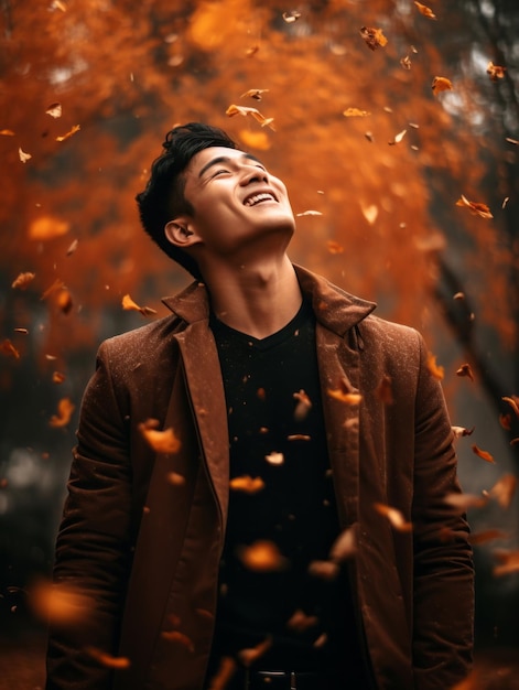 foto de pose dinámica emocional hombre asiático en otoño