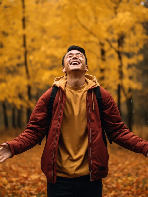 foto de pose dinámica emocional hombre asiático en otoño