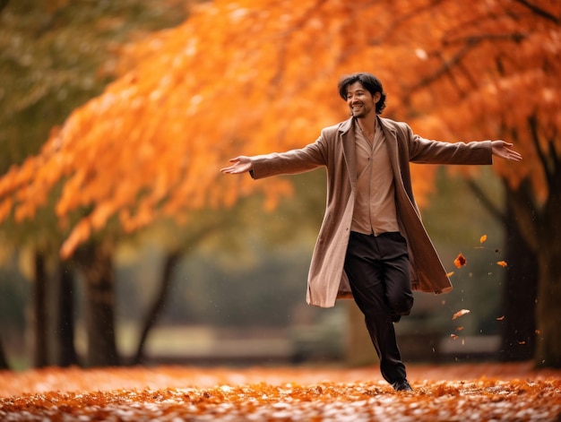 foto de pose dinámica emocional hombre asiático en otoño