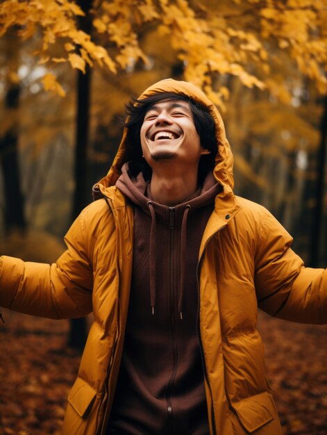 foto de pose dinámica emocional hombre asiático en otoño