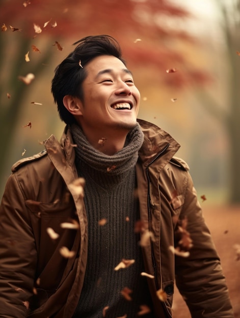 foto de pose dinámica emocional hombre asiático en otoño